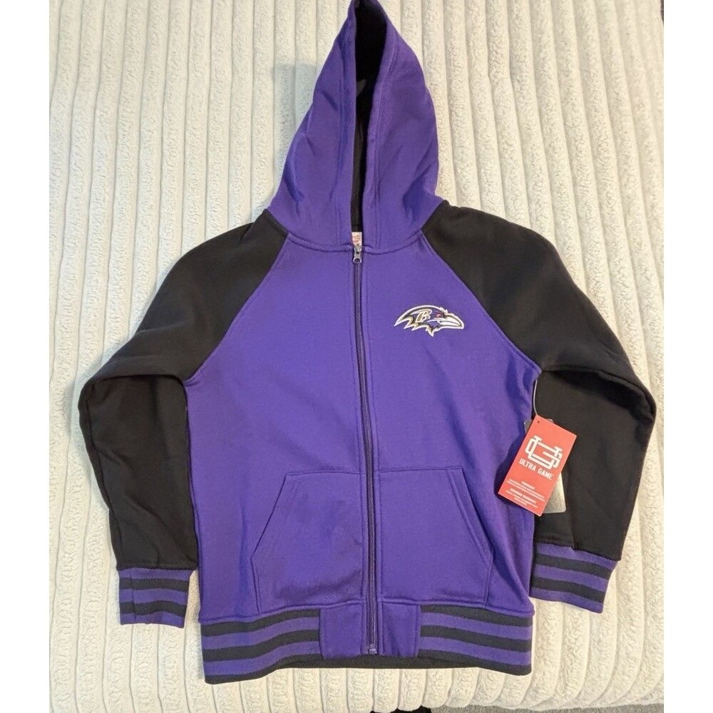 NWT Ultra Game NFL Baltimore Ravens Zip Up Hooded Jacket Boys Size 14-16 Purple